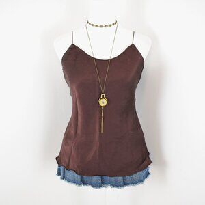 Vintage Late 90s Y2K Dark Chocolate Brown Satin Sleeveless Flowy Slip Cami Top M